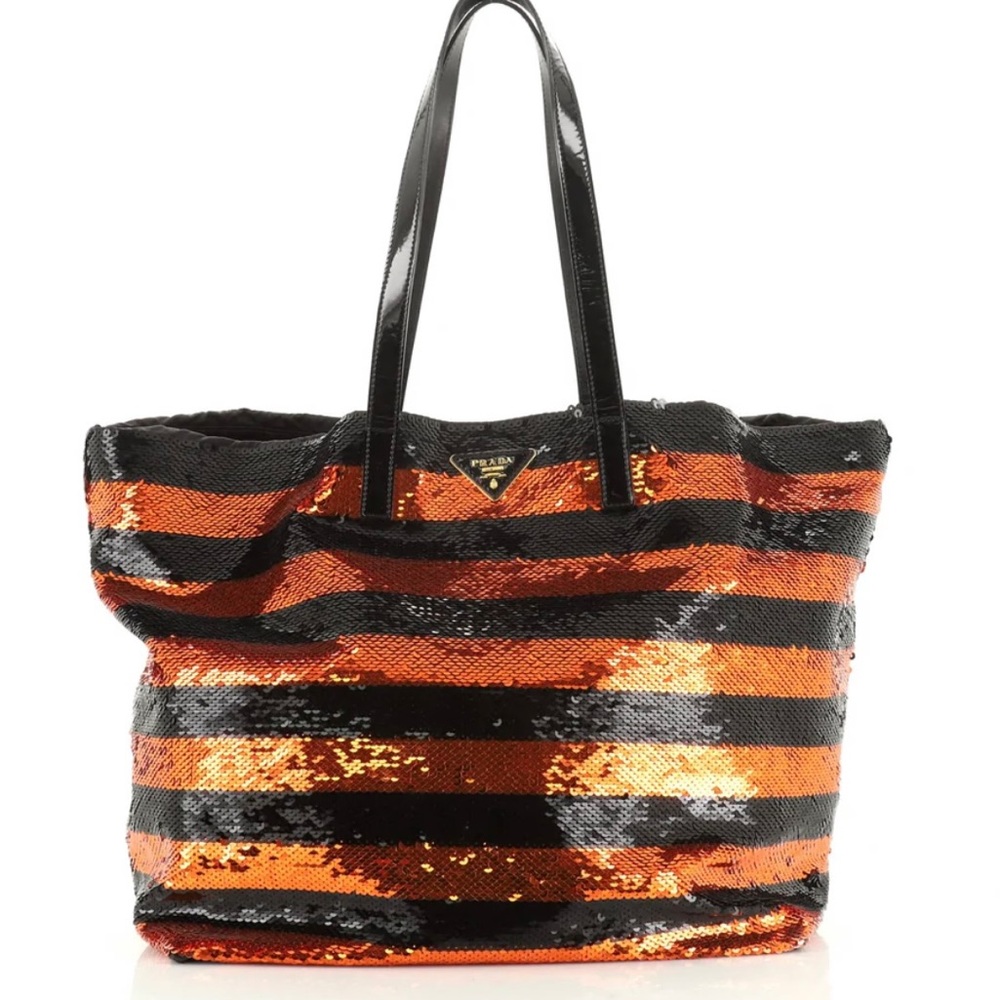 PRADA Sequin Large Shoulder Tote Bag Orange and Black Stripe